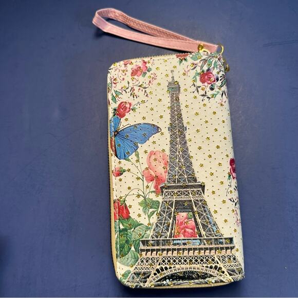 Paris Vegan Leather Wallet Eiffel Tower Butterfly Wrist Strap Wristlet Bling - Picture 9 of 10